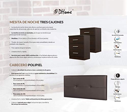 DHOME Cabecero + Dos mesitas de Noche, Conjunto Cabezal para Cama mas 2 mesillas, Pack Dormitorio en Diferentes tonalidades y Medidas (Botones 145cm + 3 Cajones, Marrón Oscuro)