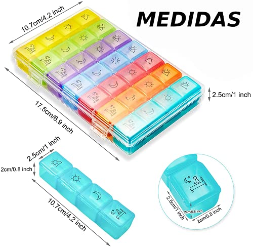 DOIMGITO / Pastillero Semanal 7 Días con 4 Tomas Diaria + 1 Cortapastillas, Pastillero 7 Días Interpretativo, 28 Compartimentos Pastillero Diario Perfecto para Viaje