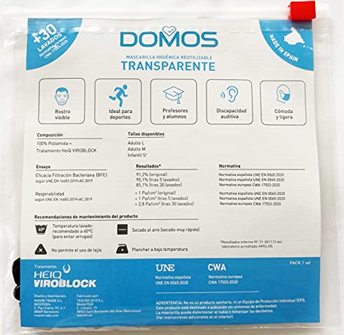 Domos Mascarilla Transparente Reutilizable UNE0065 CWA17533 fabricada en España (Talla S infantil)