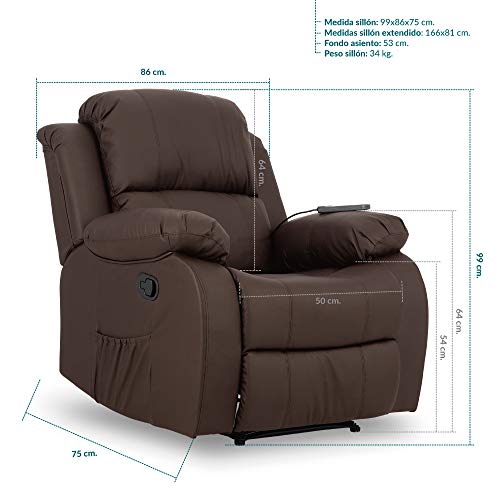 Don Descanso - Sillón Masaje Relax Calor Trevi Choco Reclinable 160º con 8 Motores Silenciosos, Calor Lumbar, Sist. Masaje 4 Zonas y Acabado en PU Anti-Cuarteo [Incluye Mando]. Ideal Gente Mayor