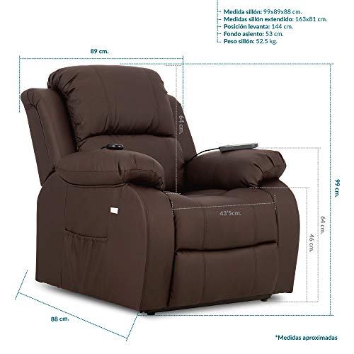 Don Descanso - Sillón Relax Eléctrico Levanta Personas Trevi Choco con Reclinación 160º, 10 Programas, Temporizador, Calor Lumbar, Sist. Masaje 4 Zonas y Acabado PU [Incluye Mando]. Ideal Gente Mayor