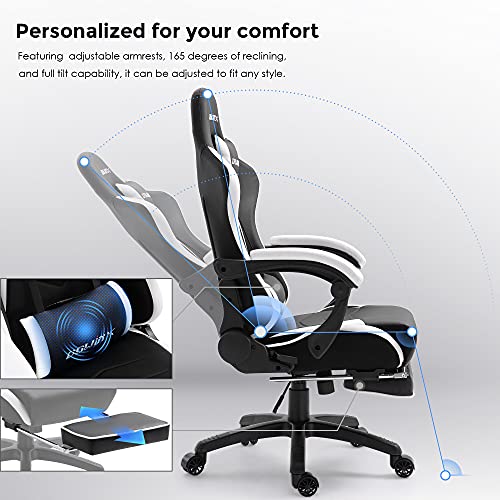 Dowinx Silla Gaming Sillón Reclinable Ergonómica para Computadora con Soporte Lumbar Masaje, sillón estilo competición Sillas Gamuza Deportes Electrónicos Cuero con Reposapiés Retráctil (Negro&Blanco)