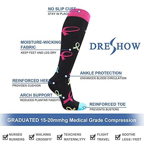 DRESHOW Calcetines de Compresión para Hombres y Mujeres 3/7 Pares 15-20 mmHg es el Mejor para Running, Correr, Senderismo, Volar, Viajar, Varicosas, Médico, Deportivo, Embarazo