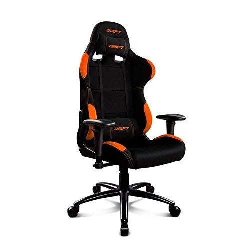 Drift DR100BO - Silla Gaming profesional, tela, reposabrazos 2D, piston clase 4, asiento basculante, altura regulable, respaldo reclinable, cojines lumbar y cervical, color negro/naranja