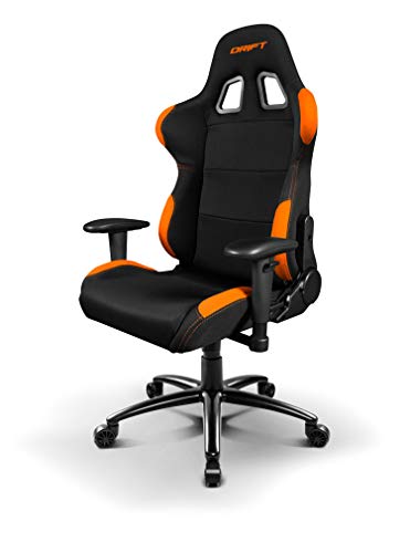 Drift DR100BO - Silla Gaming profesional, tela, reposabrazos 2D, piston clase 4, asiento basculante, altura regulable, respaldo reclinable, cojines lumbar y cervical, color negro/naranja