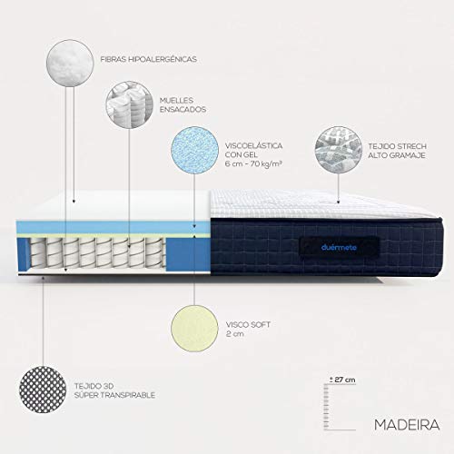 Duérmete Online Colchón Madeira de Muelles Ensacados + Viscoelástica con 7 Zonas de Descanso, Independencia de Lechos, Firmeza Media, Visco, 150 x 200