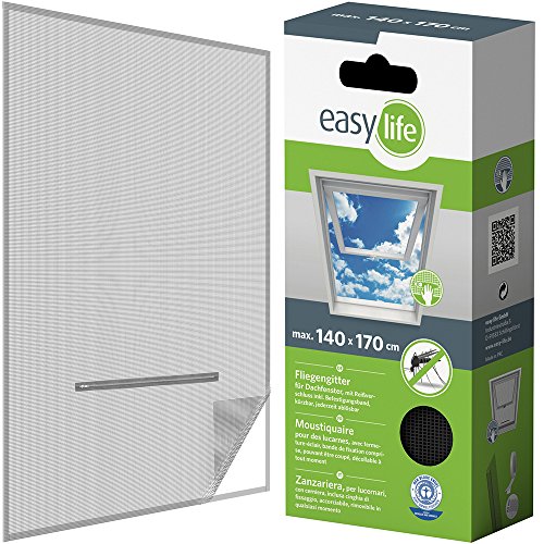 EASY LIFE Malla mosquitera Ventanas de Techo 140 x 170 cm - Mosquitera con Cremallera y 5,6 m de Velcro, Sencilla y rápida protección contra los Mosquitos, Color:Antracita