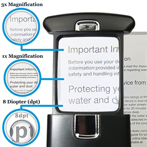 EasY Magnifier- Lupa de 3x con luz LED clara; Lupa pequeña de luz con lente de vidrio acrílico rectangular, lupa iluminada para leer textos pequeños, lupa de mano, regalo ideal como ayuda visual