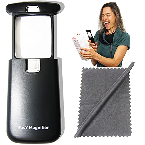 EasY Magnifier- Lupa de 3x con luz LED clara; Lupa pequeña de luz con lente de vidrio acrílico rectangular, lupa iluminada para leer textos pequeños, lupa de mano, regalo ideal como ayuda visual