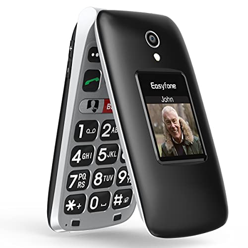 Easyfone Prime-A1 Pro gsm Teléfono Móvil para Mayores con Tapa, Botón SOS con GPS, Audífonos Compatibles, Batería 1500mAh, Telefonos basicos para Mayores con Base de Carga (Negro)