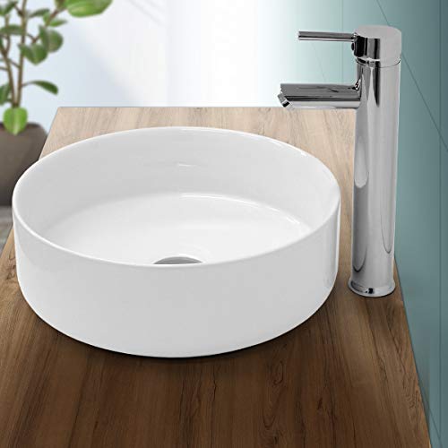 ECD Germany Lavabo de Baño Ø 355 x 120 mm Lavadero de Encimera Material Cerámico Blanco Redondo Fregadero de Aseo Cascada Estilo Moderno y Elegante Sanitario Sobremesa Lavamanos con Juego de Drenaje