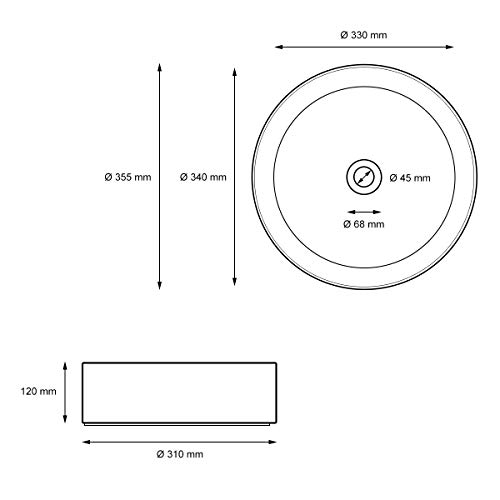 ECD Germany Lavabo de Baño Ø 355 x 120 mm Lavadero de Encimera Material Cerámico Blanco Redondo Fregadero de Aseo Cascada Estilo Moderno y Elegante Sanitario Sobremesa Lavamanos con Juego de Drenaje