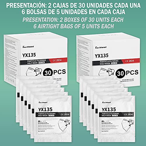 Eexi Mascarillas FFP2 Homologadas. Mascarilla FFP2 Desechable de Proteccion Personal 5 Capas. Mascara Filtro 95 %. 60 Unidades en 2 Cajas. Bolsas de 5. Color Blanco