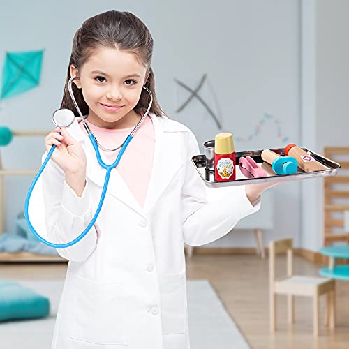 EFO SHM Maletín de médico para niños a partir de 3 años, estetoscopio real, termómetro, juego de médicos, accesorios de madera, acero inoxidable, plástico