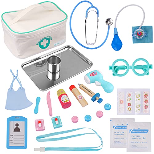 EFO SHM Maletín de médico para niños a partir de 3 años, estetoscopio real, termómetro, juego de médicos, accesorios de madera, acero inoxidable, plástico