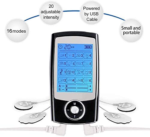 Electroestimulador Digital Masaje EMS TENS Portatil, 16 Modos 8 Pads 2 Canales Estimulador Muscular Recargable Masajeador Electro para Alivio del Dolor de Cervical/Piernas/Abdominal/Espalda/Cuello