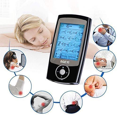 Electroestimulador Digital Masaje EMS TENS Portatil, 16 Modos 8 Pads 2 Canales Estimulador Muscular Recargable Masajeador Electro para Alivio del Dolor de Cervical/Piernas/Abdominal/Espalda/Cuello