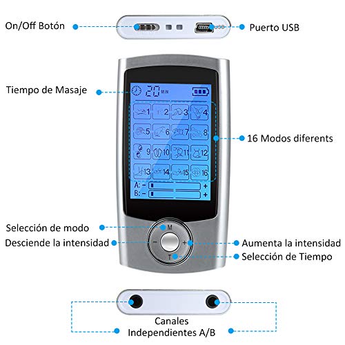 Electroestimulador Digital Portatil, 16 Modos 6 Pads 2 Canales Estimulador Muscular Recargable Masajeador Electro para Alivio del Dolor de Cervical/Piernas/Abdominal/Espalda/Cuello