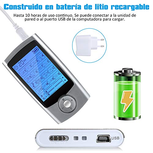 Electroestimulador Digital Portatil, 16 Modos 6 Pads 2 Canales Estimulador Muscular Recargable Masajeador Electro para Alivio del Dolor de Cervical/Piernas/Abdominal/Espalda/Cuello