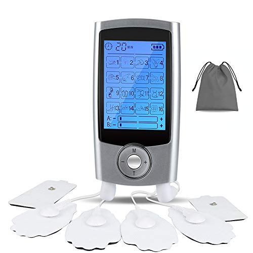 Electroestimulador Digital Portatil, 16 Modos 6 Pads 2 Canales Estimulador Muscular Recargable Masajeador Electro para Alivio del Dolor de Cervical/Piernas/Abdominal/Espalda/Cuello