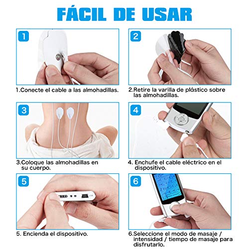 Electroestimulador Digital Portatil, 16 Modos 6 Pads 2 Canales Estimulador Muscular Recargable Masajeador Electro para Alivio del Dolor de Cervical/Piernas/Abdominal/Espalda/Cuello