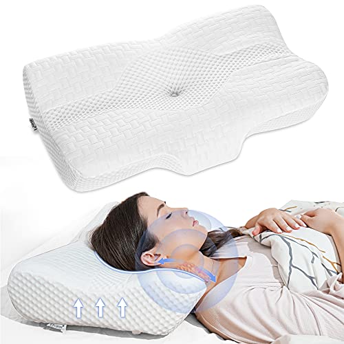 Elviros Almohada de Espuma con Memoria de Contorno Cervical para el Dolor de Cuello, Almohadas para Cuello, 58 x 12/10 x 38 cm, Blanco