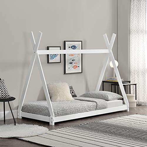 [en.casa] Cama para niños pequeños Cama Infantil 200 x 90cm Estructura Tipi de Madera Pino Blanco Mate