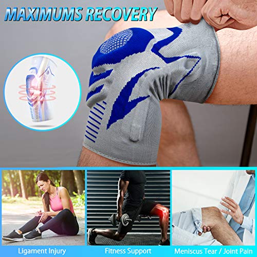 ENONEO Rodillera Ligamentos 2 Piezas Transpirable y Antideslizante Vendaje de Rodilla Hombre y Mujer Rodilleras Deportiva Compresion para Voleibol, Correr, Crossfit, Bicicleta(Azul L)