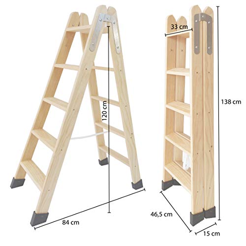 Escaleras Tijera de Madera Pino Doble Subida Certificadas. Ideal para Profesionales Pintor, Escayolista, Electricista o hasta para su hogar! (5 Peldaños)