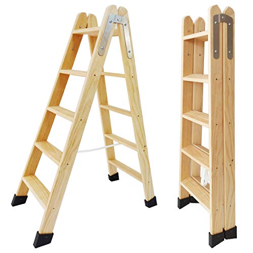 Escaleras Tijera de Madera Pino Doble Subida Certificadas. Ideal para Profesionales Pintor, Escayolista, Electricista o hasta para su hogar! (5 Peldaños)