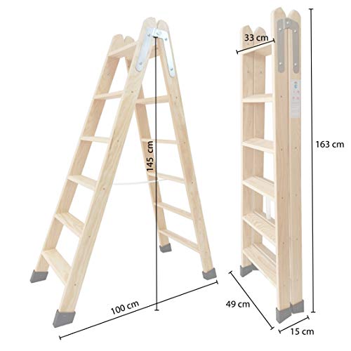 Escaleras Tijera de Madera Pino Doble Subida Certificadas. Ideal para Profesionales Pintor, Escayolista, Electricista o hasta para su hogar! (6 Peldaños)