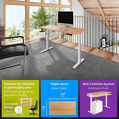 ESMART EZX-132WM 120 x 60 cm decoración de Arce Escritorio ergonómico de bipedestación Infinitamente Ajustable eléctricamente en Altura 58-123 cm 3 x Memoria Recordatorio de Actividad Montaje rápido