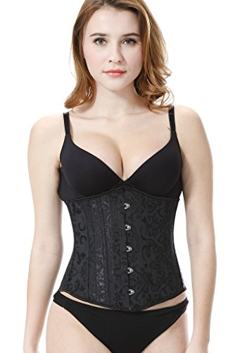 Everbellus Mujeres 24 Espiral Acero Deshuesado Corsé de Underbust Satinado Cintura Capacitación Brocade(Negro, L/EU 38: Tamaño de la Cintura 70-74CM)