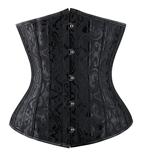 Everbellus Mujeres 24 Espiral Acero Deshuesado Corsé de Underbust Satinado Cintura Capacitación Brocade(Negro, L/EU 38: Tamaño de la Cintura 70-74CM)