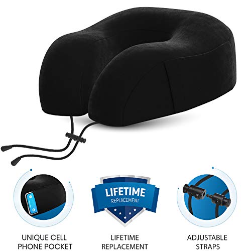 Everlasting Comfort Almohada de viaje de espuma viscoelástica - Almohada de cuello cervical - Accesorios de avión y descanso para el cuello (Negro)