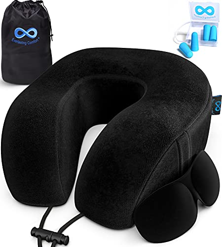 Everlasting Comfort Almohada de viaje de espuma viscoelástica - Almohada de cuello cervical - Accesorios de avión y descanso para el cuello (Negro)