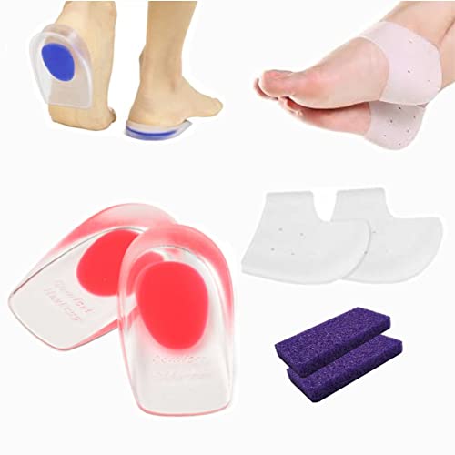 FEETHEALTH 1 par de almohadillas y 1 par de protectores de gel para los talones, plantillas y taloneras de silicona, alivia dolor, protege, tallas S y L. Kit para los pies con dos piedras pómez.