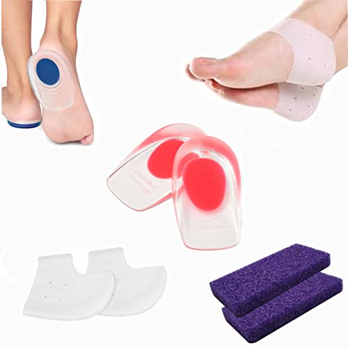 FEETHEALTH 1 par de almohadillas y 1 par de protectores de gel para los talones, plantillas y taloneras de silicona, alivia dolor, protege, tallas S y L. Kit para los pies con dos piedras pómez.