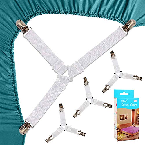 Felly 4 Piezas Sujetadores para Sábanas Ajustables Elásticos Correas Cama Clips para Sábana Bajera Fundas de Colchón Sofá (Blanco)