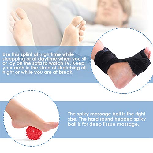 Férula de noche para fascitis plantar con bola de masaje puntiaguda, férula de día y noche dorsal ajustable para fascitis plantar para alivio del dolor de pies de hombres y mujeres (izquierda o derech