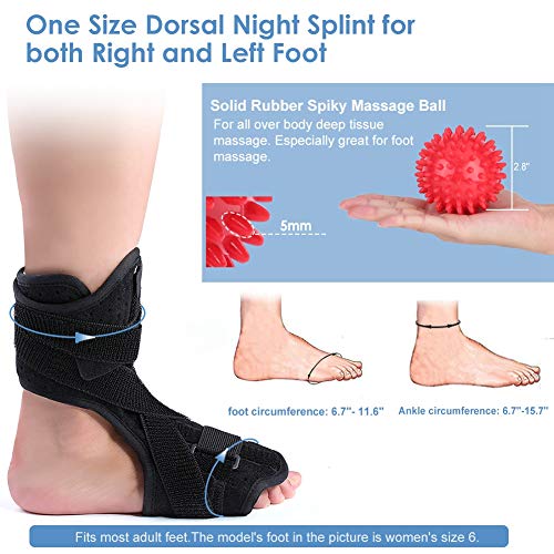 Férula de noche para fascitis plantar con bola de masaje puntiaguda, férula de día y noche dorsal ajustable para fascitis plantar para alivio del dolor de pies de hombres y mujeres (izquierda o derech