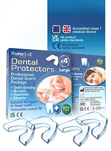 Ferula dental para bruxismo (4)| 100% libre de BPA | Tecnología de fácil moldeado | Paquete de seis protectores dentales en tres tamaños | Protector dental para evitar el rechinamiento