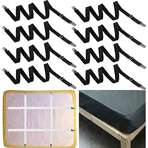 FLSLHS Ajustable Sujetador Debajo del colchón de Cama/Hoja Equipada, Criss Cross Hoja de Cama Correas, Tirantes Funda Sujetador, Correa Larga Bandas Clip, 4 Piezas (8Piezas-Negro)