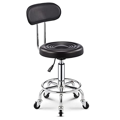 FMHCTN Silla giratoria Redonda con Ruedas y Respaldo, Cuero de PU Silla giratoria de Altura Ajustable Silla hidráulica para Belleza/salón/SPA/Tatuaje/Masaje/clínica/Oficina/Art S Negro