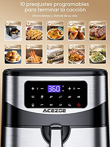 Freidora sin Aceite 7L, Acezoe 1700W Freidoras de aire caliente Horno de sin aceite con pantalla táctil digital LED, 10 menús preestablecidos, 100 recetas, antiadherente, cesta desmontable