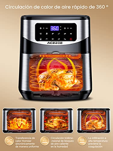 Freidora sin Aceite 7L, Acezoe 1700W Freidoras de aire caliente Horno de sin aceite con pantalla táctil digital LED, 10 menús preestablecidos, 100 recetas, antiadherente, cesta desmontable