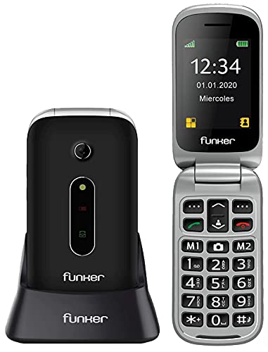 Funker C75 EASY COMFORT - Teléfono Móvil con Tapa, Fácil Uso para Personas Mayores con Botón SOS y Base Cargadora, color Negro