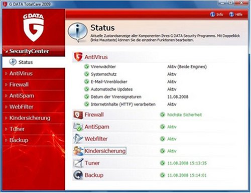 G DATA TotalCare 2009, DE, 1-user - Seguridad y antivirus (DE, 1-user, Caja, 1 usuario(s), 1 Año(s), 512 MB, Windows XP SP2 32/64-bit Windows Vista 32/64-bit, DEU)