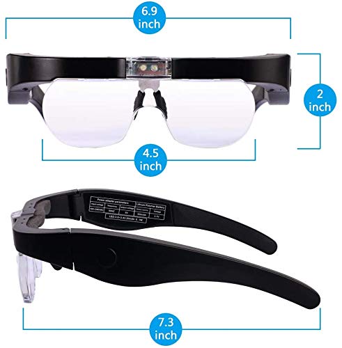 Gafas de lupa con luz, de 1,5 a 5 aumentos, lentes extraíbles, con soporte para la cabeza, con 2 luces led, para aficiones, electricistas, joyeros, costura, manualidades y personas mayores