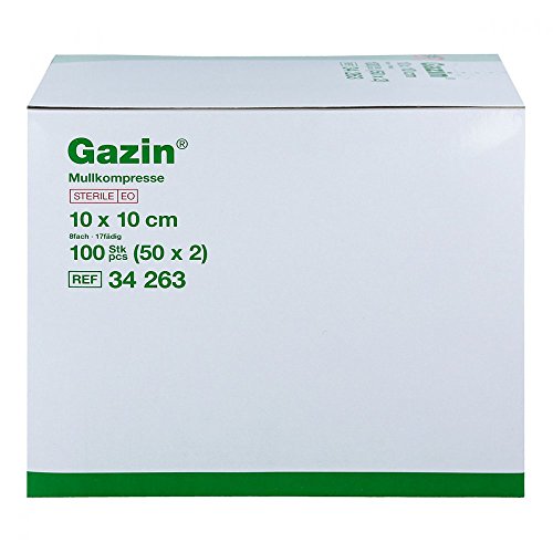 Gazin, Compresas de gasa, 10 cm x 10 cm, estériles, 8 capas, 50 x 2, 300 g, color blanco, 100 unidades (Pack de 50)